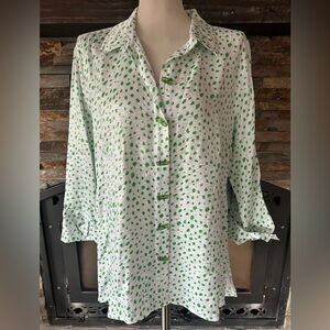 MULTIPLES Green Spotted Tunic Blouse Top Cute Buttons ST PATRICK’S DAY Large